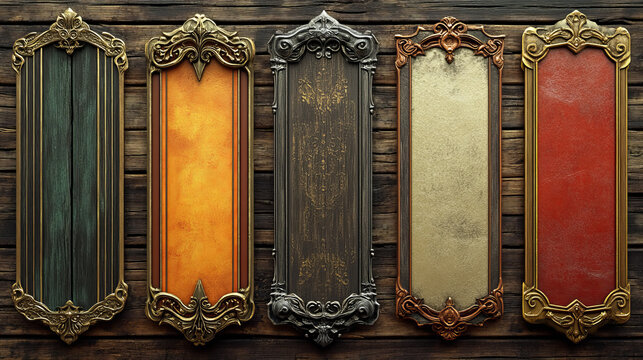 Game buttons with fantasy frames. Blank old rectangle bronze, silver and gold boards with decorative borders in medieval style, vector cartoon set isolated on background