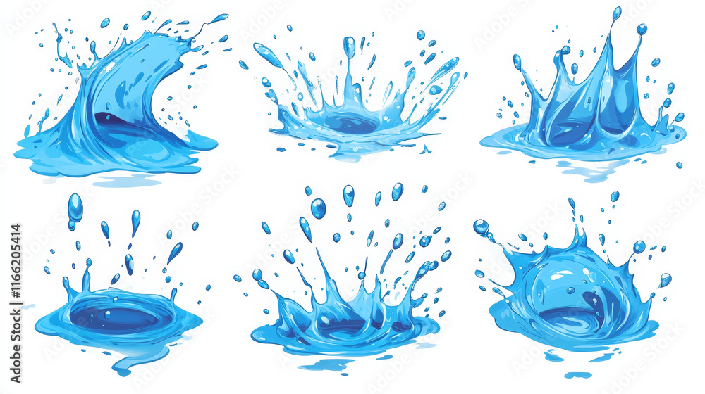 Poster water splash vfx animation sprite sheet. stages of aqua splashing motion design elements, sequence f