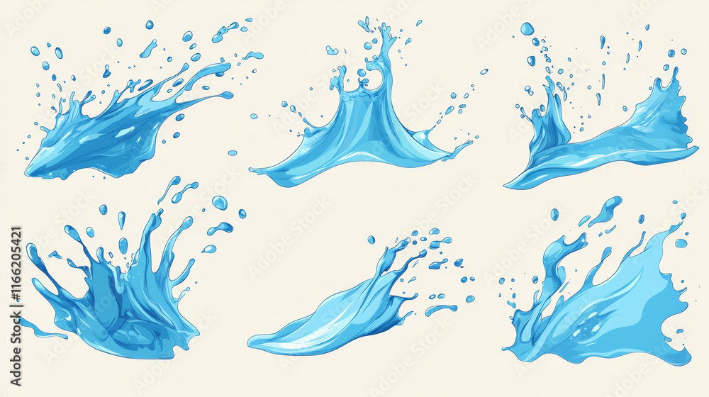 Poster water splash vfx animation sprite sheet. stages of aqua splashing motion design elements, sequence f