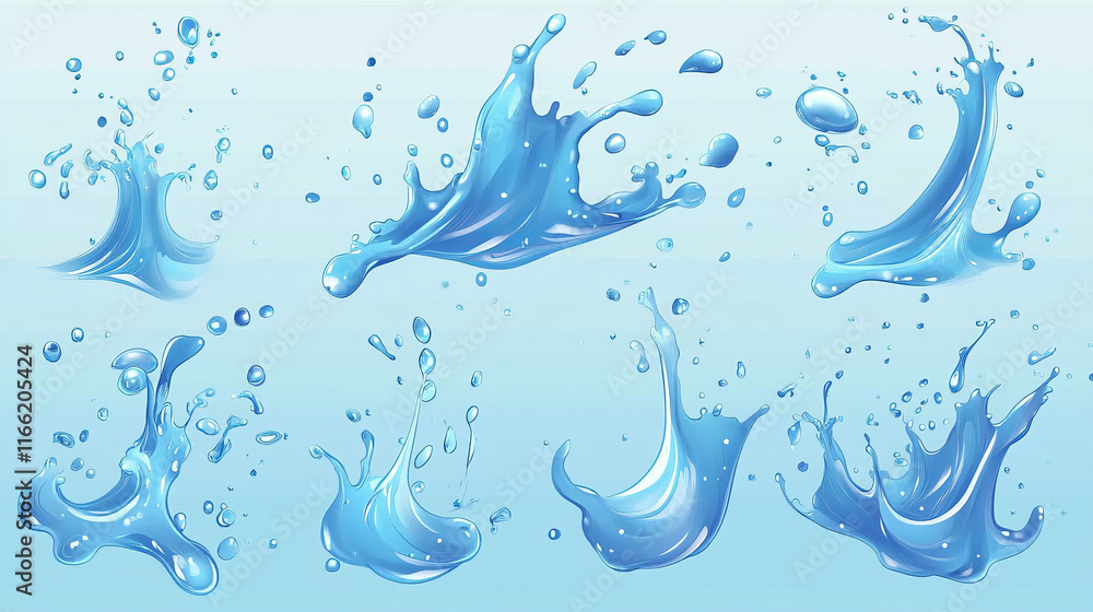 Poster water splash vfx animation sprite sheet. stages of aqua splashing motion design elements, sequence f