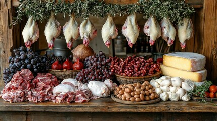 A rustic display of fresh produce and meats.