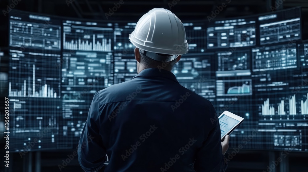 Aufkleber engineer analyze data on multiple screens. modern tech pro checks digital dashboard. control center 
