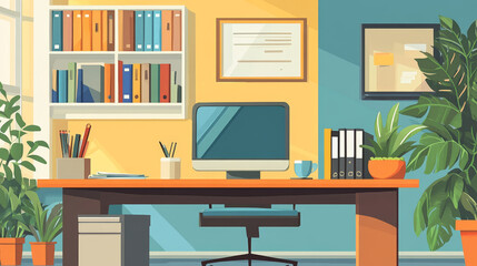 Office at home isometric landing page. Workplace with desk, files organizer and coffee cup, working place table for businessman, analyst or freelancer, 3d vector illustration, line art web banner