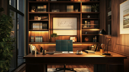 Office at home isometric landing page. Workplace with desk, files organizer and coffee cup, working place table for businessman, analyst or freelancer, 3d vector illustration, line art web banner