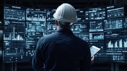 Engineer analyze data on multiple screens. Modern tech pro checks digital dashboard. Control center looks futuristic. Managing citys eco systems. Smart city management. Tech worker wearing safety