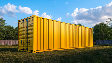 Realistic 3d yellow container for cargo shipping. Vector illustration set of closed and open empty long industrial box for storage and shipment. Intermodal freight transport logistic package mockup.