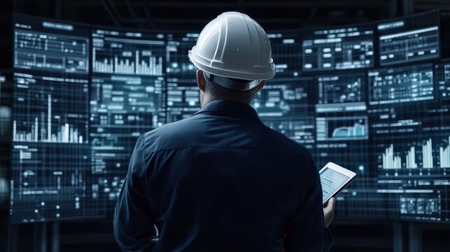 Engineer analyze data on multiple screens. Modern tech pro checks digital dashboard. Control center looks futuristic. Managing citys eco systems. Smart city management. Tech worker wearing safety