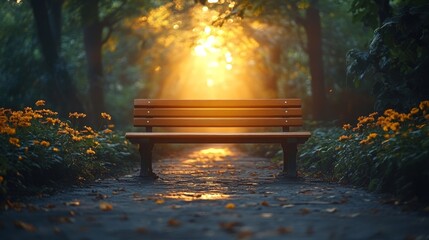 Wooden bench in sunlit forest