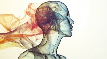 Abstract representation of a human head with flowing colors, symbolizing thoughts and emotions.