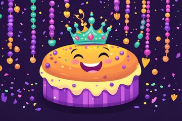 A cheerful cartoon king cake with a smiling face, a crown, and festive beads and confetti on a dark background