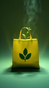Eco-friendly yellow tote bag with a green leaf logo and plant emerging, on a smoky green background
