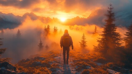 Obraz premium A man with a colorful backpack walks steadily through the mountains