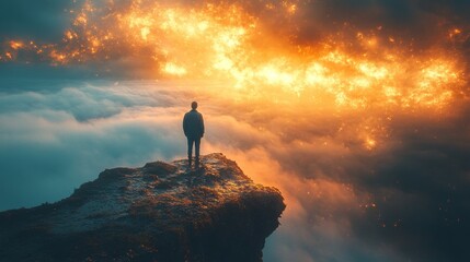 Fototapeta premium A man standing on a mountain surrounded by drifting clouds