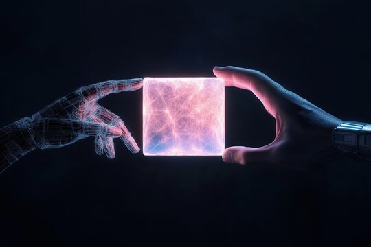Futuristic image shows human hand, robotic hand reaching for glowing translucent cube. Cube represents collaboration between humanity, artificial intelligence. Hands interconnected with glowing lines
