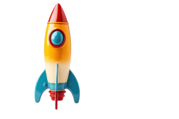 Colorful toy rocket ready for imaginative space adventures in a children's playroom setting