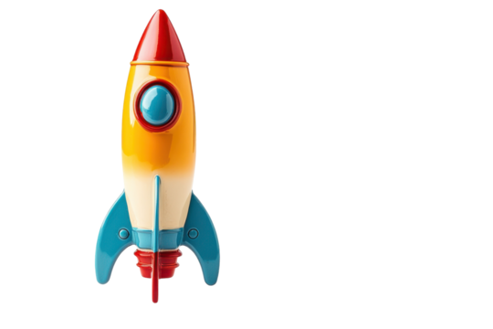 Colorful toy rocket ready for imaginative space adventures in a children's playroom setting