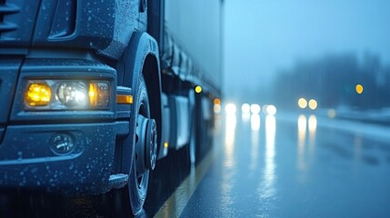 Truck on a rainy road with blurred headlights.