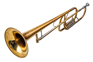 Detailed view of a brass trombone showcasing its shiny finish and bell shape against a white background
