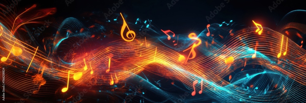 Fototapete Flowing musical staff lines create a vibrant neon display of notes in dynamic motion. Generative AI