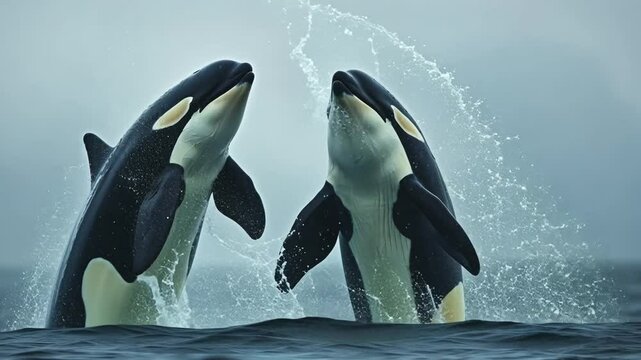 Two majestic orcas playfully interact in the ocean's embrace, their sleek bodies glistening as water sprays around them. A captivating wildlife moment. 