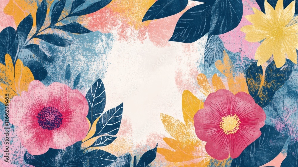 Poster bright floral design featuring vibrant colors in a retro risograph inspired style for joyful prints 
