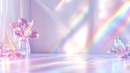 Iridescent light illuminates a minimalist scene with two crystal flowers in glass vases on a reflective surface.