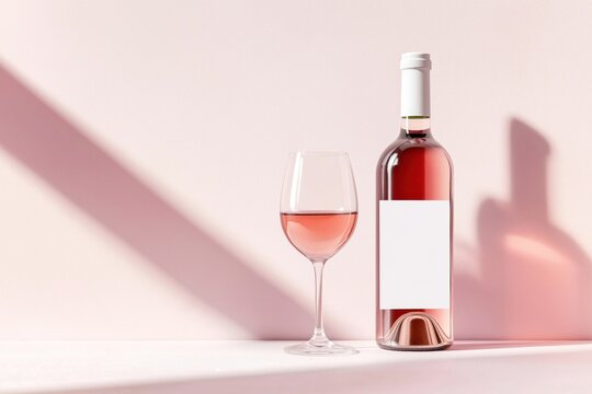 Pink wine bottle with blank white label mockup, glass of rose wine on light pink background. Stylish, minimalist design. Elegant beverage presentation. Great for branding advertising. Template for
