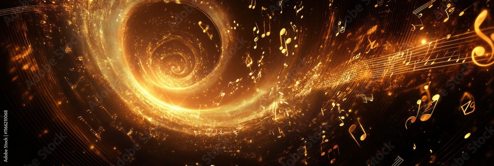 Fototapete dynamic 3d music notes spiraling in a golden vortex showcasing creativity and rhythm. generative ai