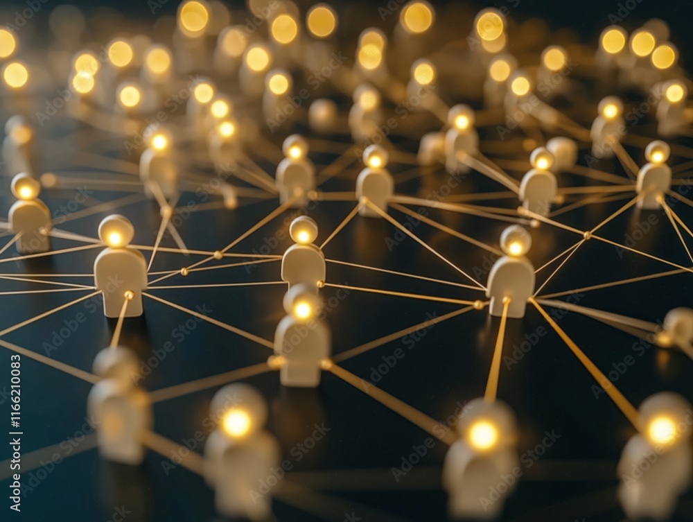 Poster small figures connected by lines form network. interaction, collaboration highlighted. diverse peopl