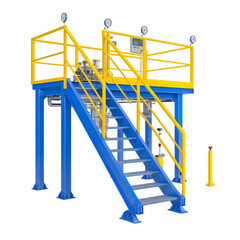 "Industrial Platform with Stairs and Safety Railings Isolated on White Background"

