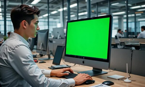 Modern Businessman Working on a Green Screen Computer in a Sleek Office