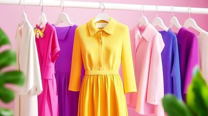 Colorful women's dresses and jackets hanging on a rack against a pink background.