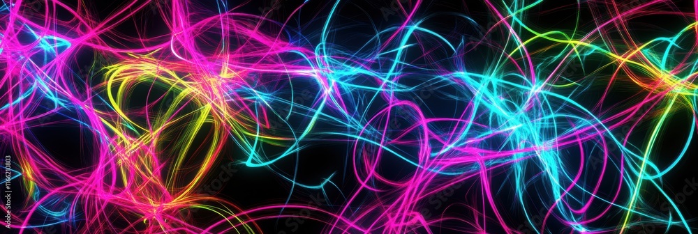 Poster Abstract glowing neon lines swirl and illuminate on a dark background creating a vibrant visual effect. Generative AI