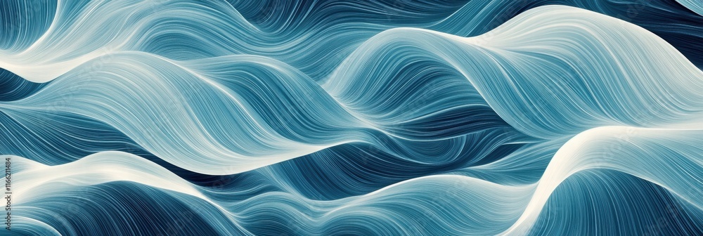 Poster Seamless wave like pattern in blue and white tones creating a tranquil ocean feeling. Generative AI