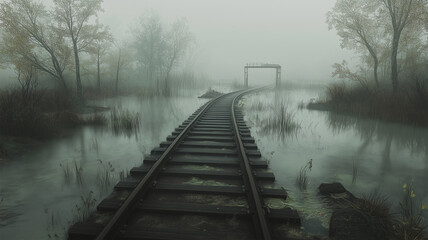 Naklejka premium 霧深い沼地を貫く線路、静かで幻想的な光景
