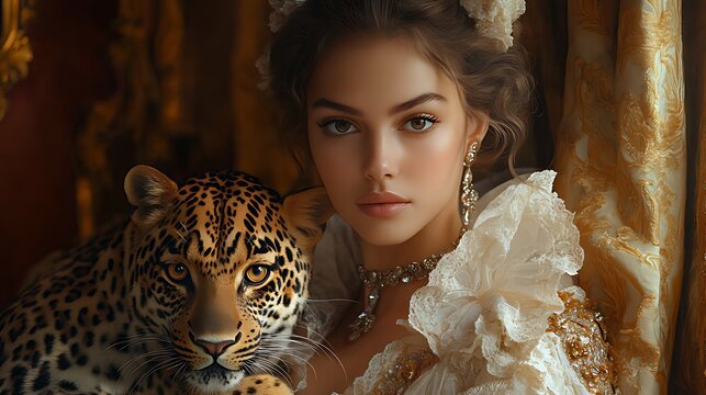 Elegant woman in a historical gown with a jaguar.