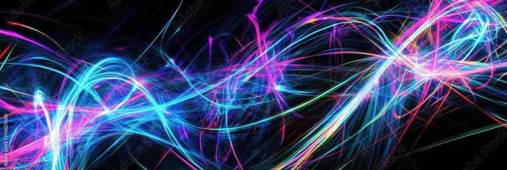 Poster Glowing neon lines create an abstract pattern of vibrant colors against a dark background. Generative AI