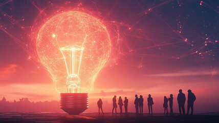 巨大な光る電球とネットワークを囲むビジネスチーム