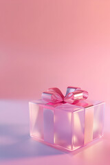 Pink gift box with ribbon on pink  background.