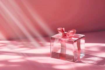Glass gift box with ribbon on pink background.