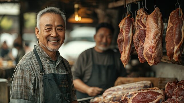 Smiling vendor at a meat market with hanging meats.