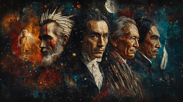 Artistic collage featuring philosophers like Rousseau Voltaire Hobbes Locke alongside indigenous leaders all contributing to the founding principles of American society