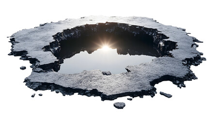 A hole in the ground with a reflection of the sun in the water