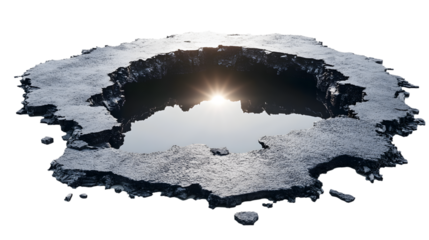 A hole in the ground with a reflection of the sun in the water