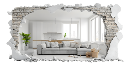 A white room with a couch and a potted plant