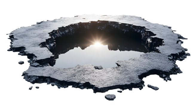 A hole in the ground with a reflection of the sun in the water