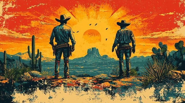 Cowboy and a Mexican vaquero standing side by side highlighting the cultural diffusion of the American cowboy image which was adapted from the Mexican vaquero