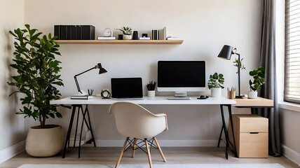 A clean and modern home office setup with a desk, a laptop, and minimal decor.