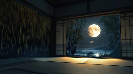 満月と竹林が静寂を彩る和室の夜