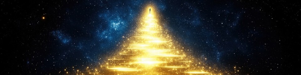 Glowing Pyramid of Golden Light Particles Rising Against a Cosmic Starry Night Sky with Mystical and Ethereal Energy